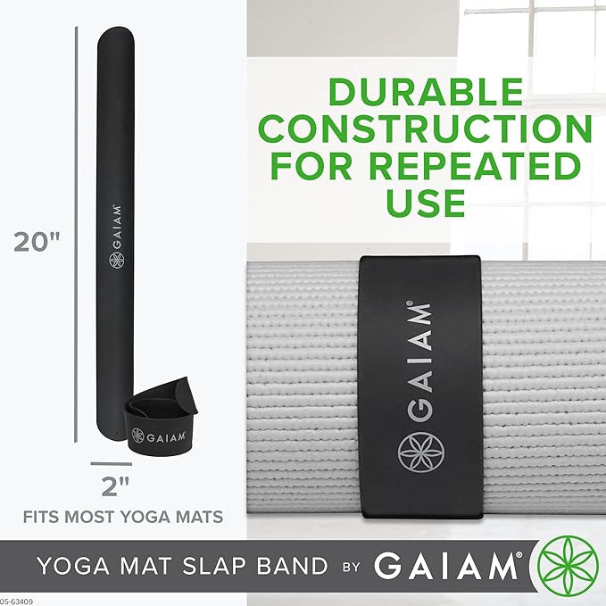 Gaiam Yoga Mat Strap Slap Band - Keeps Your Mat Tightly Rolled and Secure with One Snap - Strong Clasp for Yoga Mat Storage and Travel - Fits Most Size Mats (20"L x 1.5"W), Black-GravixFit