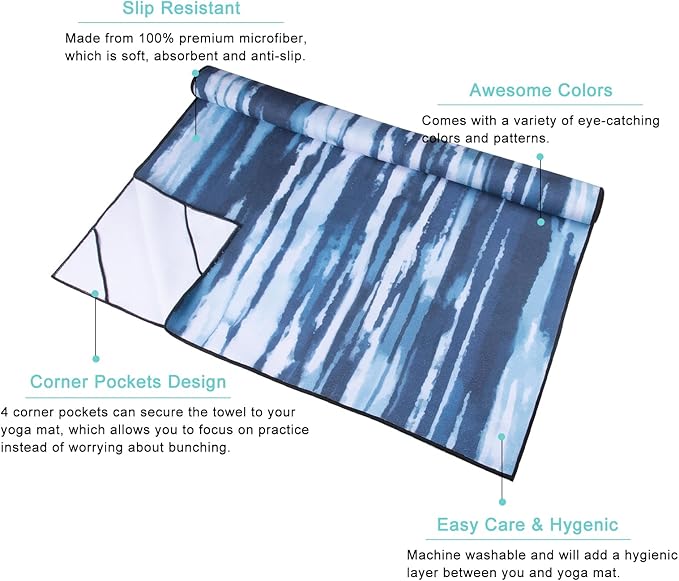 QiyI Yoga Mat Towel with Corner Pockets, Non Slip Sweat Absorbent Hot Yoga Towels, Soft Yoga Blankets with Travel Bag, Skidless Mat Cover for Workout, Gym, Fitness - 70"x26", Blue White Tie Dye-GravixFit