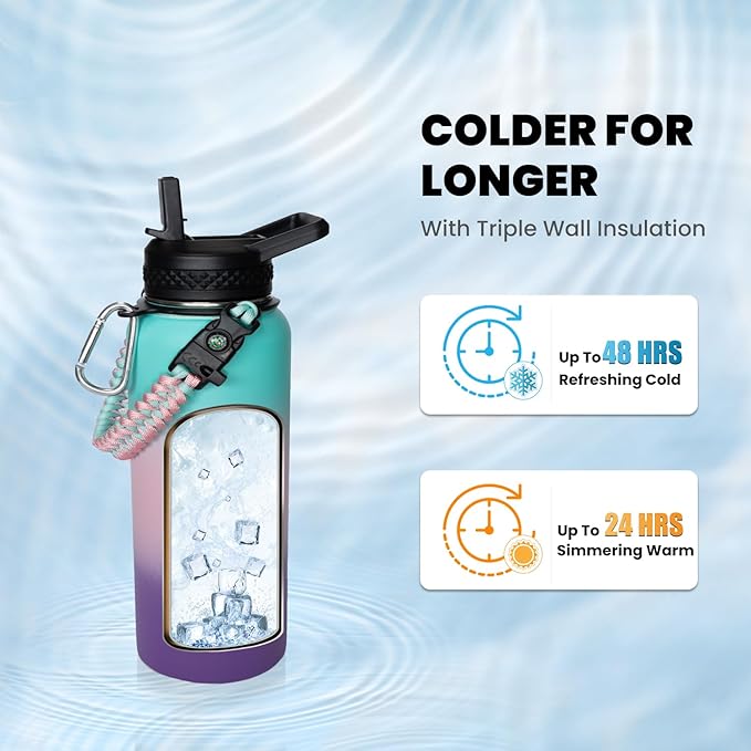 Insulated Water Bottle 32 oz, Triple Wall Vacuum Stainless Steel (Cold for 48 Hrs), Leak Proof & Non-BPA, Modern Water Flask Jug with Paracord Handle & Straw Spout Lids, Hydrangea-GravixFit