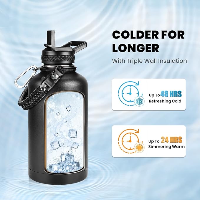 Insulated Water Bottle 64 oz, Triple Wall Vacuum Stainless Steel (Cold for 48 Hrs), Leak Proof & Non-BPA, Half Gallon Water Flask Jug with Paracord Handle & Straw Spout Lids, Magic Black-GravixFit