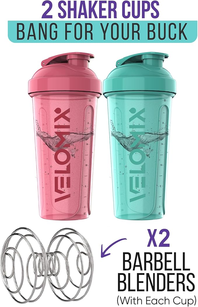 '-2 Pack- 28 oz Protein Shaker Bottles for Protein Mixes - 2x Wire Whisk | Leak Proof Shaker Cups for Protein Shakes | Protein Shaker Bottle Pack (Pink/Turquise)-GravixFit
