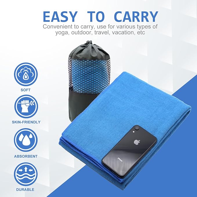 Eunzel Yoga Towel,Hot Yoga Mat Towel with Grip Dots Sweat Absorbent Non-Slip for Hot Yoga, Pilates and Workout 24" x72", Blue-GravixFit
