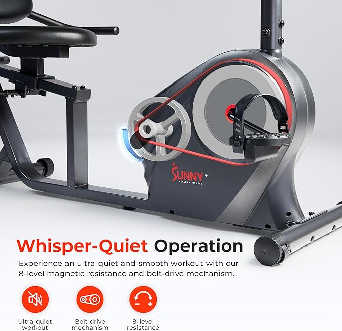 Sunny Health & Fitness Smart Heavy-Duty Recumbent Bike w/Wide Cushioned Seat & Back, Indoor Cycling Machine for Adult/Seniors Home Exercise, Free SunnyFit App Connect, Optional Workout Training Bands-GravixFit