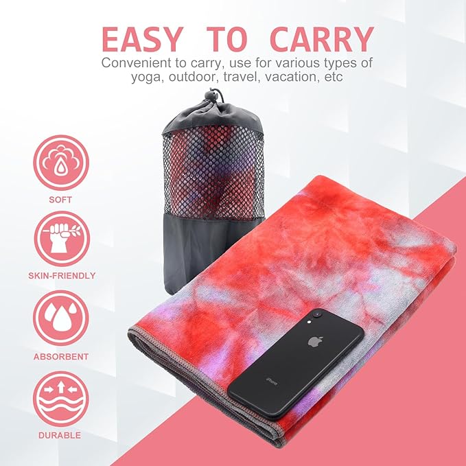Eunzel Yoga Towel,Hot Yoga Mat Towel with Grip Dots Sweat Absorbent Non-Slip for Hot Yoga, Pilates and Workout 24" x72", Red & Gray-GravixFit