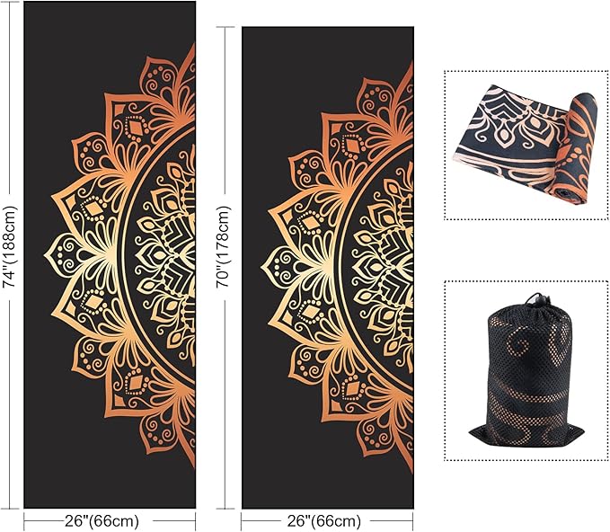 QiyI Yoga Mat Towel with Corner Pockets, Non Slip Sweat Absorbent Hot Yoga Towels, Soft Yoga Blankets with Travel Bag, Skidless Mat Cover for Workout, Gym, Fitness - 70"x26", Luxury Golden Mandala-GravixFit