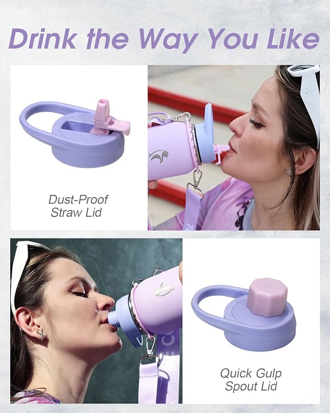 Coolflask Water Bottle with Straw, 32 oz Insulated Metal Water Flask with Straw & Spout Lids, Stainless Steel Double Wall Vacuum, Keep Cold 48h Hot 24h, Leak Proof & Non-BPA, Lavender-GravixFit