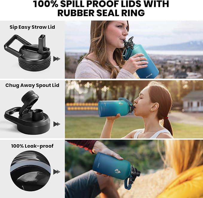One Gallon Water Bottle Insulated, Triple Walled Vacuum Stainless Steel (Cold for 48 Hrs), Leak Proof & Non-BPA, Large Water Flask Jug with Paracord Handle & Straw Spout Lids-GravixFit