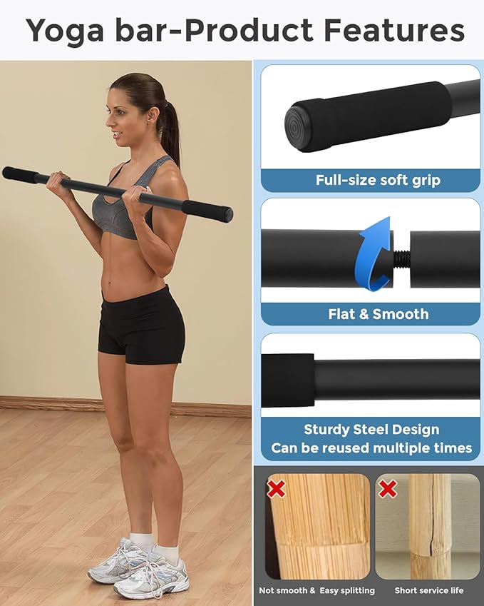 Yoga Stick, 5ft Exercise Stick for Mobility, Stretching Stick with Non-Slip Ends, Exercise Dowel for Pilates, Balance Pole and Stretch Bar for Stretching Equipment-GravixFit