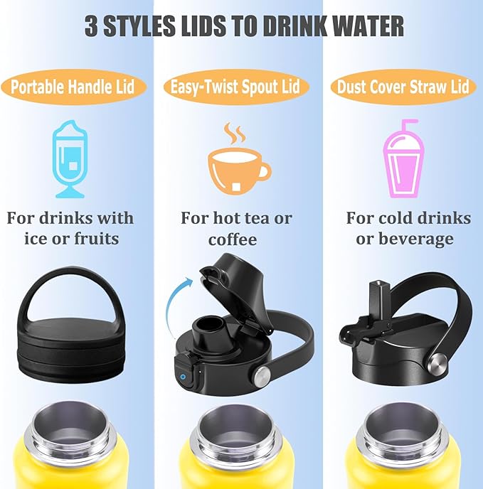 Water Bottle Insulated 32oz 40oz 64oz 128oz Straw Lid Spout Lid & 3 Lids, Leak Proof, Vacuum Insulated,Stainless Steel Water Bottle Wide Mouth for Sports, Gym or Office-GravixFit