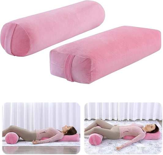 ROYALAY 2 Pcs Yoga Bolster Pillow for Restorative Yoga, Rectangular and Cylinder Meditation Pillow Set with Carrying Handles, Supportive Cushion for Exercise Workout Stretching Meditation,Pink-GravixFit