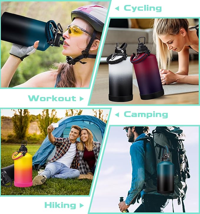 1 Gallon Insulated Water Bottle - with Straw & Auto Chug Lid, Paracord Handle, Bottle Sleeve, 128 oz Stainless Steel Water Bottle, Large Metal Gallon Water Jug Canteen for Sport Work-GravixFit