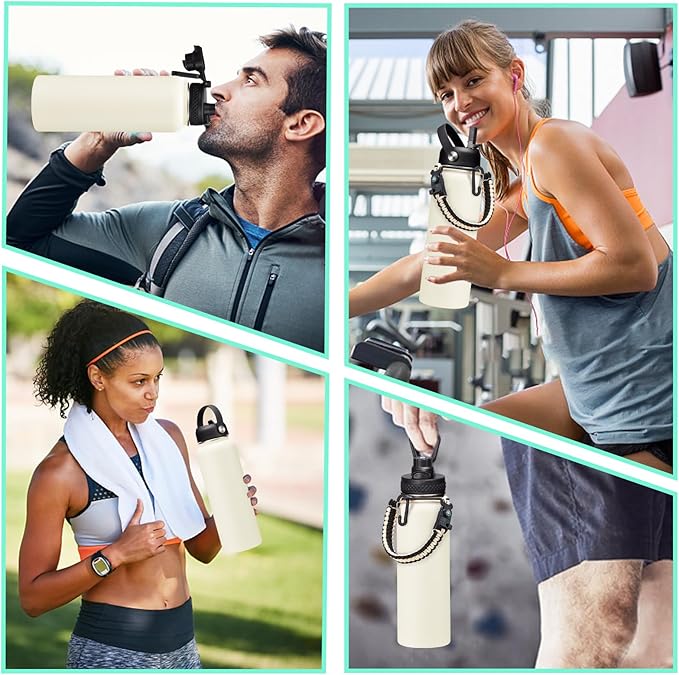 40oz Insulated Water Bottle - w/Straw Spout Lid, Bottle Holder with Strap, Paracord Handle, Protective Bottom Boot, Stainless Steel Metal Thermo Jug Flask Cold 48h & Hot 24h, Cream White-GravixFit
