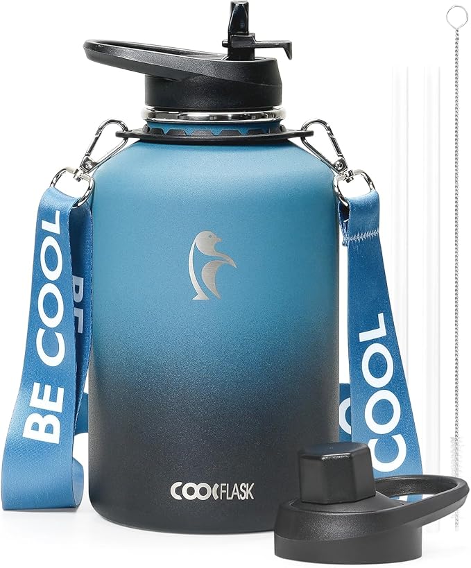 Coolflask 64 oz Water Bottle Insulated with Strap, Half Gallon Water Jug Stainless Steel with Straw & Spout Lids, Metal Large Water Flask, Keep Cold 48h Hot 24h, Leak Proof & Non-BPA, Prussian Blue-GravixFit