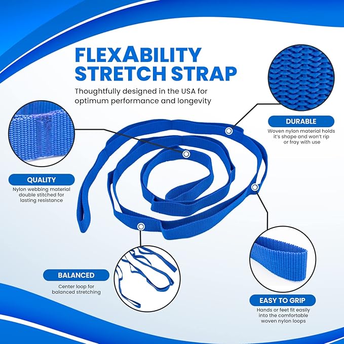 RangeMaster FlexAbility Static Stretch Strap | | Perfect for Yoga, Pilates, and Physical Therapy | Flexibility and Range of Motion Tool | Blue-GravixFit