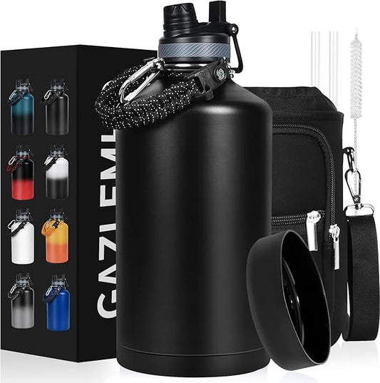 1 Gallon Water Bottle Insulated, Leak Proof 128 oz Stainless Steel Water Jug with Straw/Spout 2-in-1 Lid, Sleeve, Paracord Handle, Silicone Boot, One Gal Metal Canteen for Gym Sports Camping-GravixFit