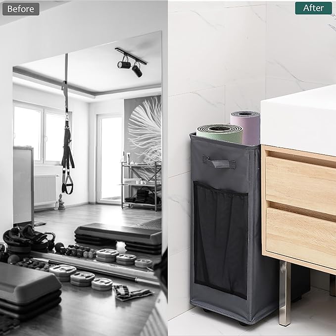 Yoga Mat Storage Racks, Home Gym Storage Rack with Wheels, Yoga Mat Holder Side 2 Mesh Pockets, Yoga Storage Basket Holds 4 Yoga Mats, 2 Foam Rollers, 6 Resistance Bands-GravixFit