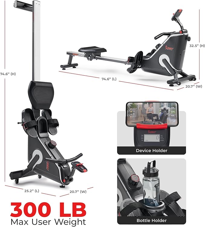 Sunny Health & Fitness Flip & Foldable Rowing Machine for Home w/Extended Slide Rail, Full-Body Workout, Low-Impact, Optional Extra Long Rail, Quiet Rail Cover, Water Motion and Free SunnyFit App-GravixFit