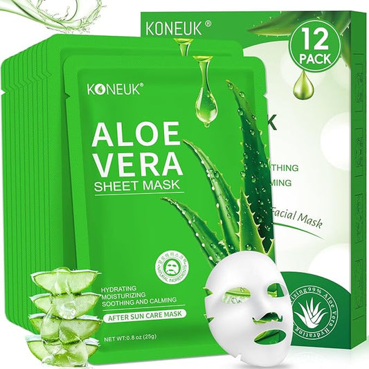 12 Pack Aloe Vera Face Masks Skincare, Sheet Aloe Hydrating Face Mask for Sunburn Relief and After Sun Care, Bulk Aloe Vera Face Mask for Spa Party Gifts-GravixFit
