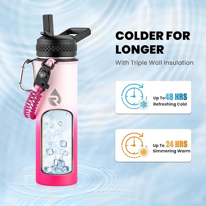 Insulated Water Bottle 20 oz, Triple Wall Vacuum Stainless Steel (Cold for 48 Hrs), Leak Proof & Non-BPA, Kids Water Bottle Jug for School with Straw Spout Lids, Ombre Pink-GravixFit
