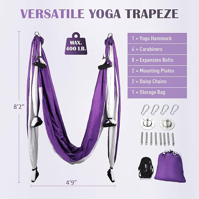 ZELUS Aerial Yoga Swing Sling Strong Yoga Hammock Kit Set Trapeze Inversion Equipment Include 2 Extensions Straps and Ceiling Mounting Kit-GravixFit