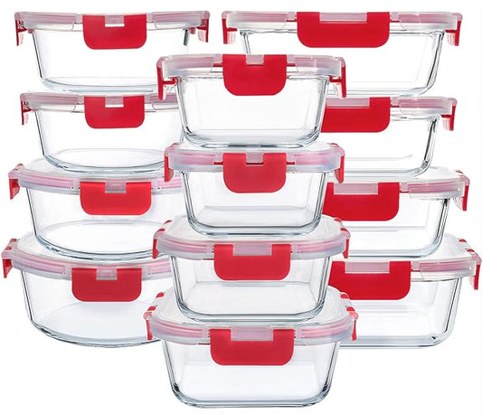 M MCIRCO 24-Piece Glass Food Storage Containers with Locking Lids,Glass Meal Prep Containers Set - Airtight Lunch Containers, Microwave, Oven, Freezer and Dishwasher, Red-GravixFit