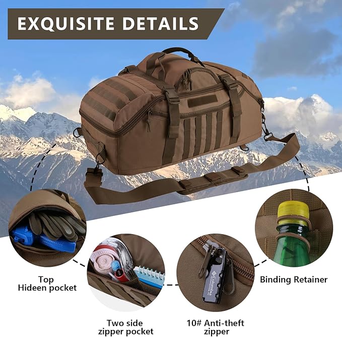 65L Large Duffle Bag, 3-in-1 Tactical Backpack MOLLE Pack for Sports, Gym, Outdoor, Dark Brown-GravixFit