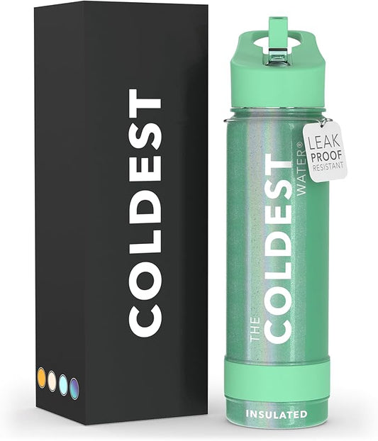 Coldest Insulated Water Bottle with Straw Lid - Stainless Steel Metal Insulated Bottle for Men & Women (Green Aurora Glitter, 24 oz)-GravixFit