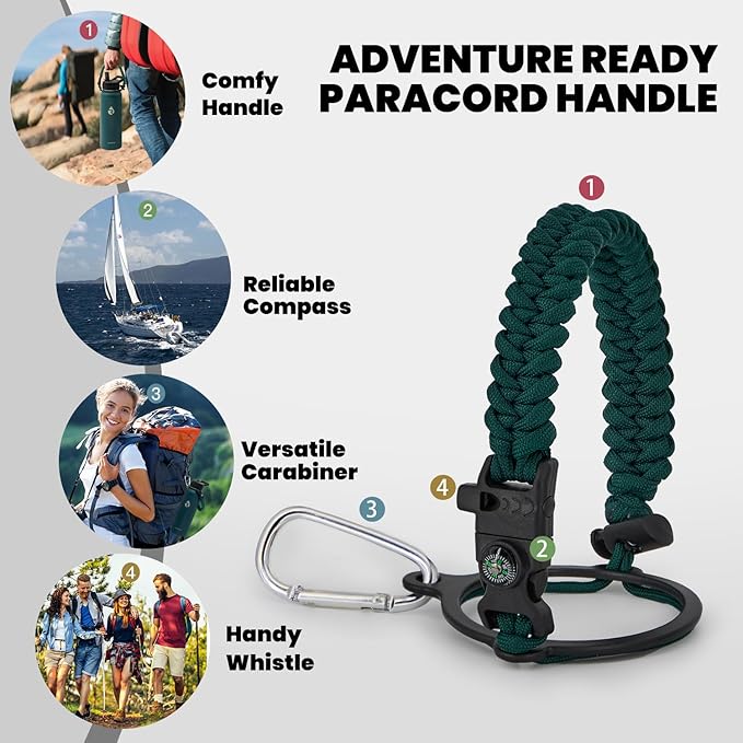 Insulated Water Bottle 40 oz, Triple Wall Vacuum Stainless Steel (Cold for 48 Hrs), Leak Proof & Non-BPA, Modern Water Flask Jug with Paracord Handle & Straw Spout Lids, Dark Green-GravixFit