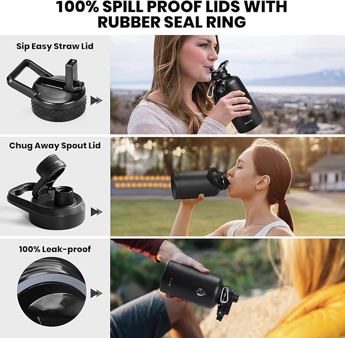 Insulated Water Bottle 64 oz, Triple Wall Vacuum Stainless Steel (Cold for 48 Hrs), Leak Proof & Non-BPA, Half Gallon Water Flask Jug with Paracord Handle & Straw Spout Lids, Magic Black-GravixFit