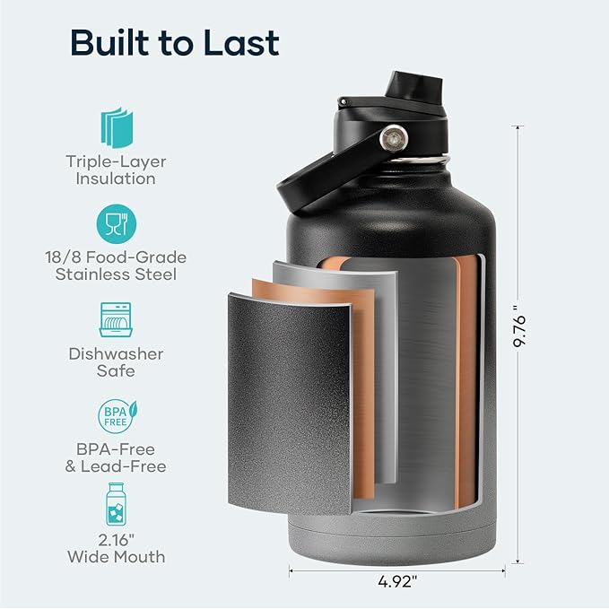 Insulated Water Bottle 64 oz with Straw Lid and Flex Lid, BUZIO 64oz Stainless Steel Water Bottle Half Gallon Jug Flask, Double Wall Vacuum Sports Thermo Mug, Cold Hot Hydro Metal Canteen-GravixFit