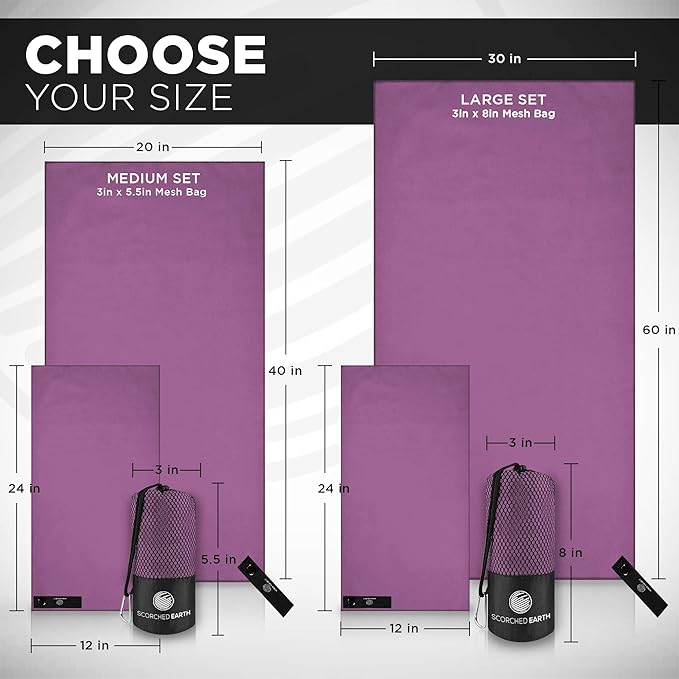 ScorchedEarth Microfiber Travel & Sports Towel Set - Quick Dry, Super Absorbent, Compact, Lightweight - for Camping, Backpacking, Hiking, Beach, Yoga, Swimming - Includes 2 Sizes + Carrying Bag & Clip-GravixFit