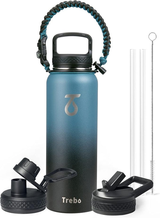 Trebo Water Bottle Insulated 40oz with Paracord Handle, Vacuum Double Wall Stainless Steel Water Jug, 48hr Cold Retention, Leakproof BPA-Free Flask With 3 Lids Fits in Car Cup Holder, Indigo/Black-GravixFit