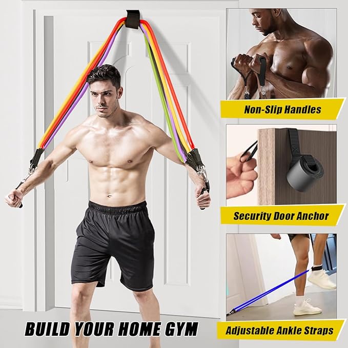 23 Pack Resistance Bands Set Workout Bands, 5 Stackable Exercise Bands 5 Loop Resistance Bands 2 Core Sliders, Door Anchor Handles Ankle Straps Carry Bag Instant Cooling Towel Wrist Wraps-GravixFit