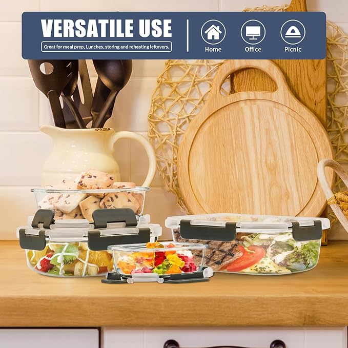 12 Pack Glass Food Storage Containers, Glass Storage Containers with Lids for Meal Prep, Lunch, Airtight, Freezer to Microwave Safe (12 Lids & 12 Containers)-GravixFit