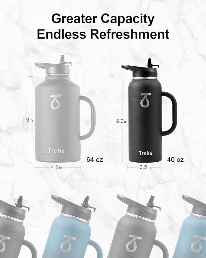 Trebo 40oz Water Bottle Insulated with Handle, Stainless Steel Metal Large Jug,Travel Flask with Straw Spout Lid,Mug Tumbler Cup with Carry Pouch,Keep Cold Hot, Indigo Black-GravixFit