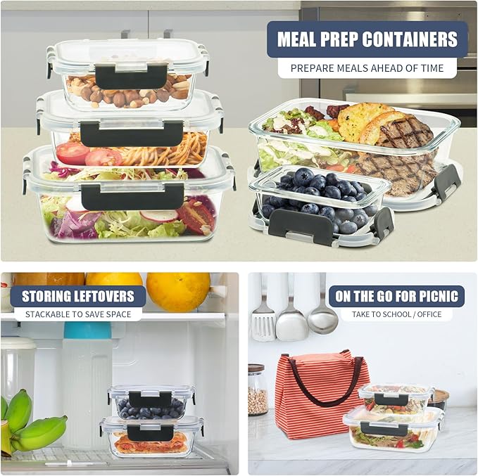 12 Pack Glass Food Storage Containers, Glass Storage Containers with Lids for Meal Prep, Lunch, Airtight, Freezer to Microwave Safe (12 Lids & 12 Containers)-GravixFit