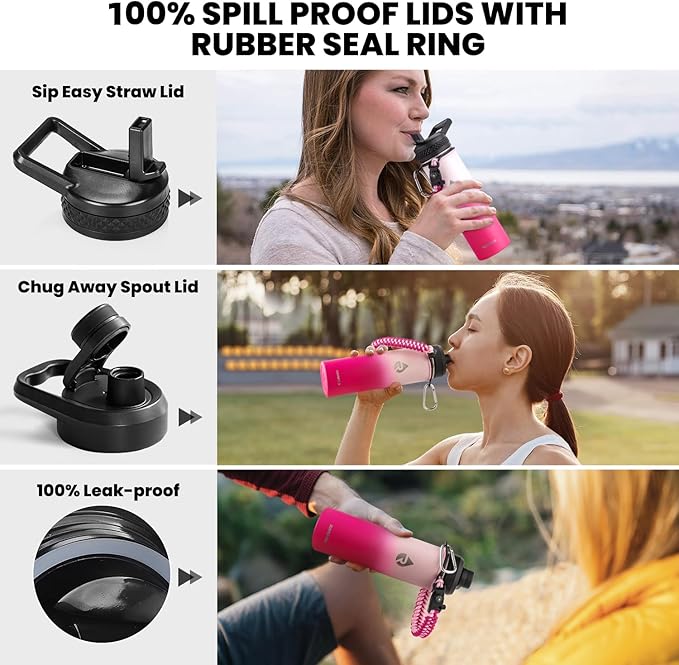 Insulated Water Bottle 20 oz, Triple Wall Vacuum Stainless Steel (Cold for 48 Hrs), Leak Proof & Non-BPA, Kids Water Bottle Jug for School with Straw Spout Lids, Ombre Pink-GravixFit