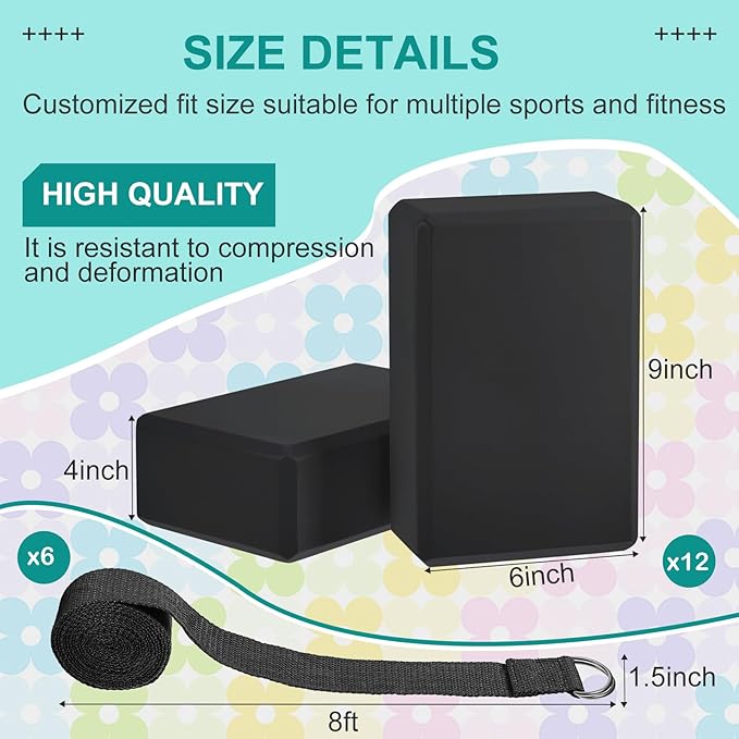 Meooeck 18 Pcs Yoga Block and Strap Set 9 x 6 x 3 Inch EVA Foam Non Slip Brick 8 ft Yoga Straps for Stretching D Ring Design for Back to School Pilates Fitness Workout Exercise-GravixFit