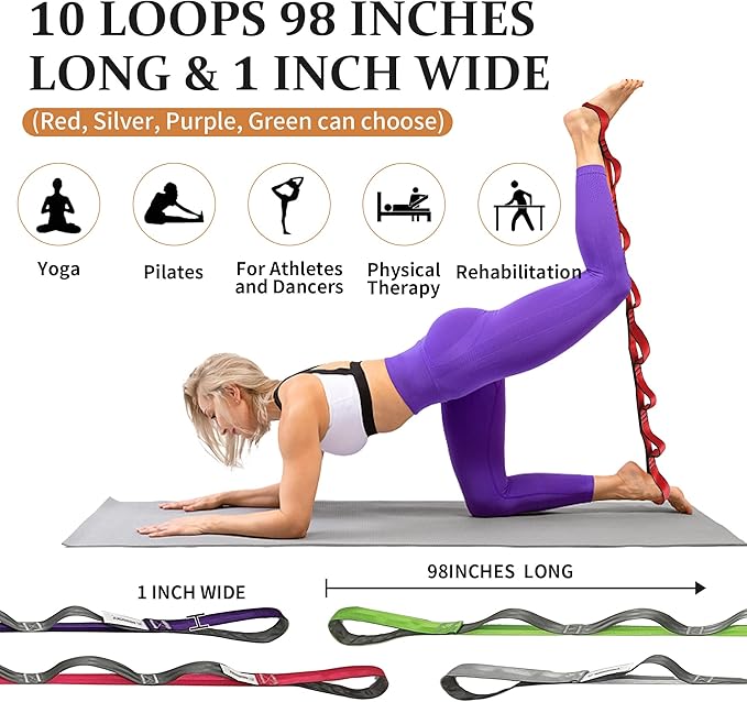 Stretching Strap Yoga Strap, 10 Loops Non-Elastic Stretch Bands Helps Women and Men Improve Flexibility for Home Workout, Physical Therapy, Pilates, Exercise, Dance, Comes with Door Anchor-GravixFit