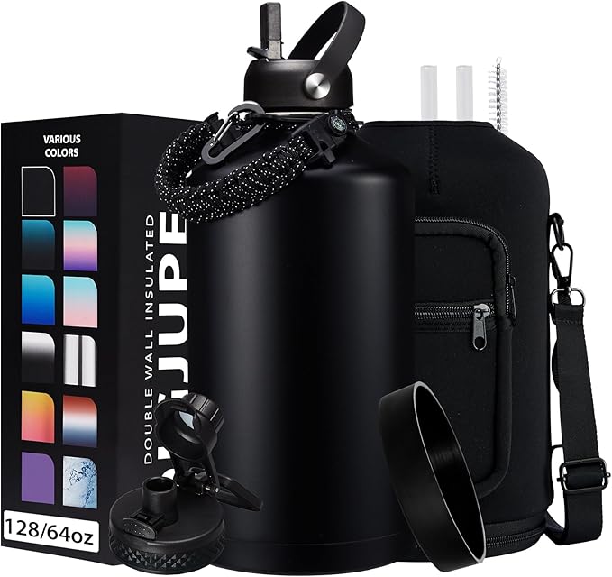 128OZ Insulated Water-Bottles with Strap - 1 Gallon Large Water Jug with Straw & Spout Lid, Stainless Steel Water Bottle Leak Proof, Cold-48h Hot-24h Metal Water Flask w/Paracord Handle, Carrier Bag-GravixFit