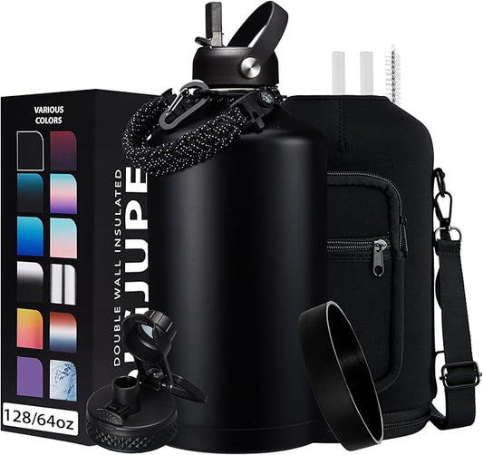128OZ Insulated Water-Bottles with Strap - 1 Gallon Large Water Jug with Straw & Spout Lid, Stainless Steel Water Bottle Leak Proof, Cold-48h Hot-24h Metal Water Flask w/Paracord Handle, Carrier Bag-GravixFit