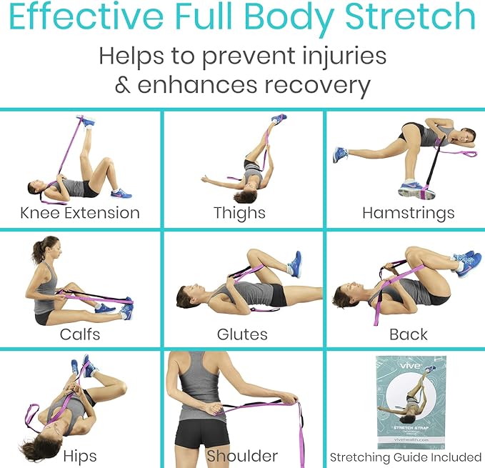 Vive Stretch Strap (75" - 10 Loops) - Leg Stretch Band to Improve Flexibility - Stretching Out Yoga Strap - Exercise and Physical Therapy Belt for Rehab, Pilates and Gymnastics with Guide Book-GravixFit
