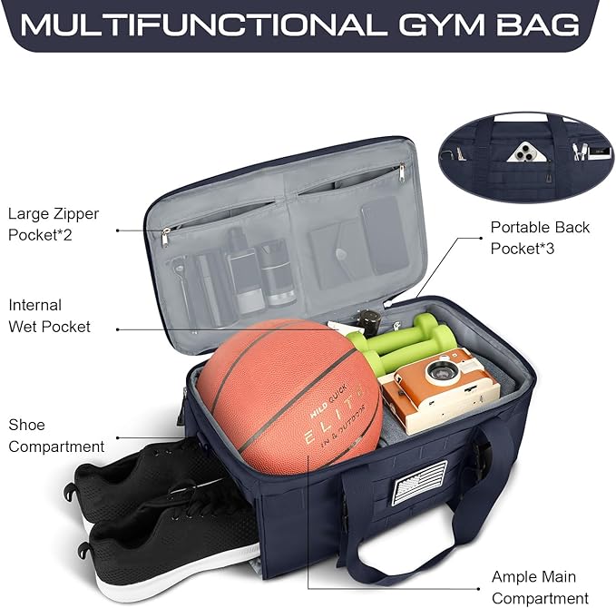 ETRONIK Gym Bags for Men Women, Military Travel Duffle Bag Backpack with Shoe Compartment, 3 in 1 Carry on with Wet Pocket, Weekender Overnight Range Backpack for Workout Football Gym, Blue-GravixFit