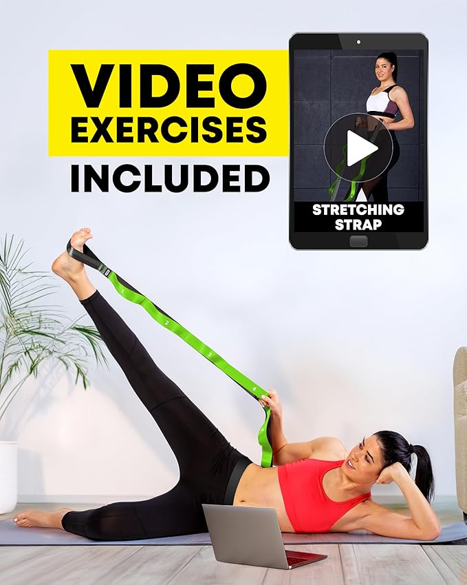 Stretching Strap with Loops - Non Elastic Stretch Band for Physical Therapy, Yoga Strap for Stretching Equipment, Stretch Bands for Exercise and Flexibility - Fascia, Hamstring & Leg Stretcher Belt-GravixFit