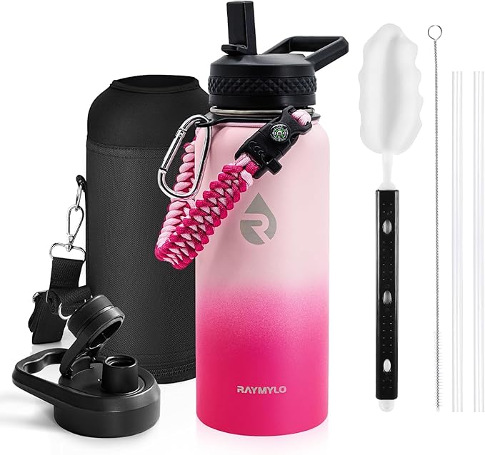 Insulated Water Bottle 32 oz, Triple Wall Vacuum Stainless Steel (Cold for 48 Hrs), Leak Proof & Non-BPA, Modern Water Flask Jug with Paracord Handle & Straw Spout Lids, Ombre Pink-GravixFit