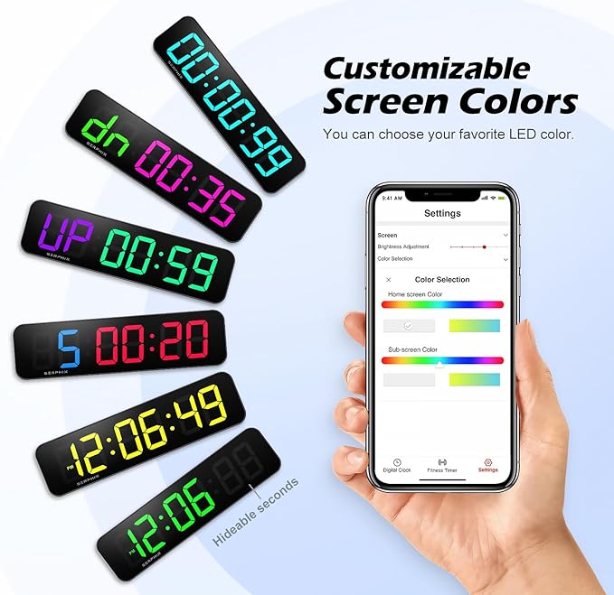 15.2" Gym Timer, App & Remote Control, Customizable LED Colors, Workout Interval Timer Stopwatch Countdown Large Digital Wall Clock for Home Gym-GravixFit