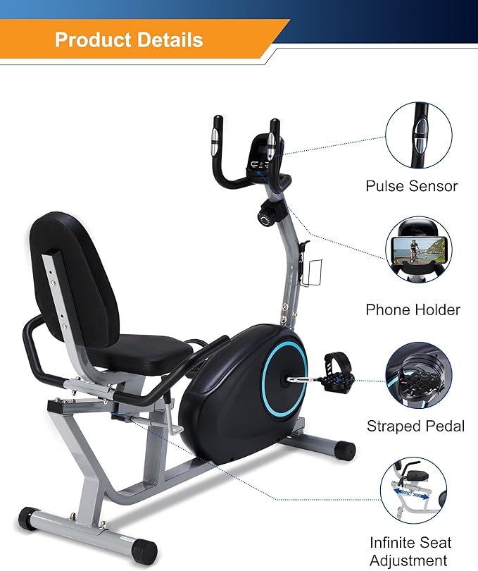 Recumbent Exercise Bike for Seniors - 400LB Weight Capacity Recumbent Bikes with Comfortable Seat, Pulse Sensor, 16-level Resistance, LCD Monitor