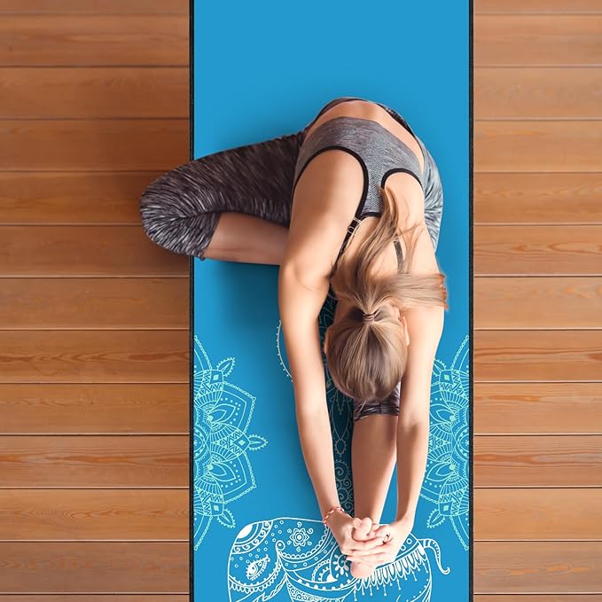 QiyI Yoga Mat Towel with Corner Pockets, Non Slip Sweat Absorbent Hot Yoga Towels, Soft Yoga Blankets with Travel Bag, Skidless Mat Cover for Workout, Gym, Fitness - 70"x26", Blue Mandala Elephant-GravixFit