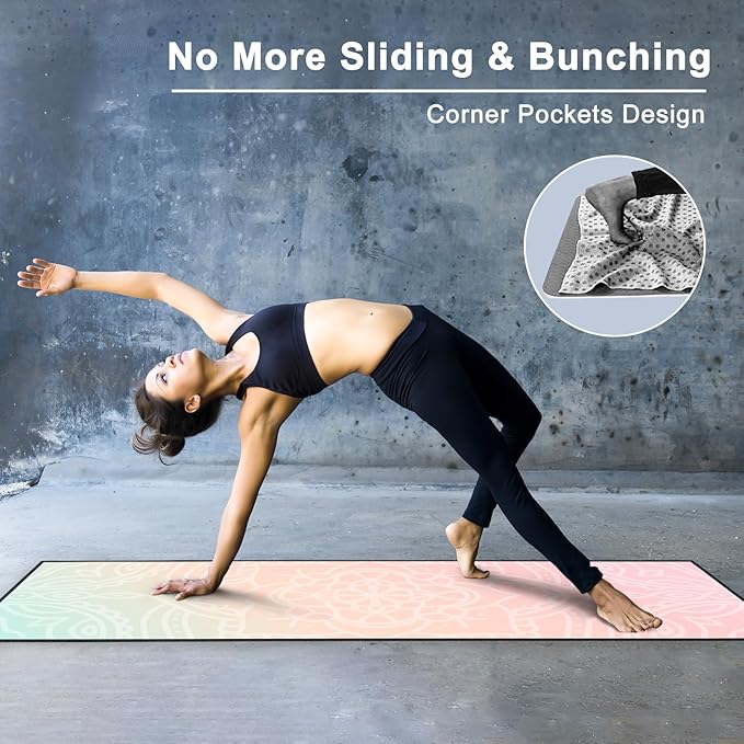 QiyI Yoga Mat Towel with Corner Pockets, Non Slip Sweat Absorbent Hot Yoga Towels, Soft Yoga Blankets with Travel Bag, Skidless Mat Cover for Workout, Gym, Fitness - 70"x26", Dreamy Pink Mandala-GravixFit