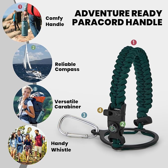 Insulated Water Bottle 87 oz, Triple Wall Vacuum Stainless Steel (Cold for 48 Hrs), Leak Proof & Non-BPA, Modern Water Flask Jug with Paracord Handle & Straw Spout Lids, Dark Green-GravixFit